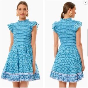 NWT Oliphant Smocked Flirty Short Dress Blue Aqua Large